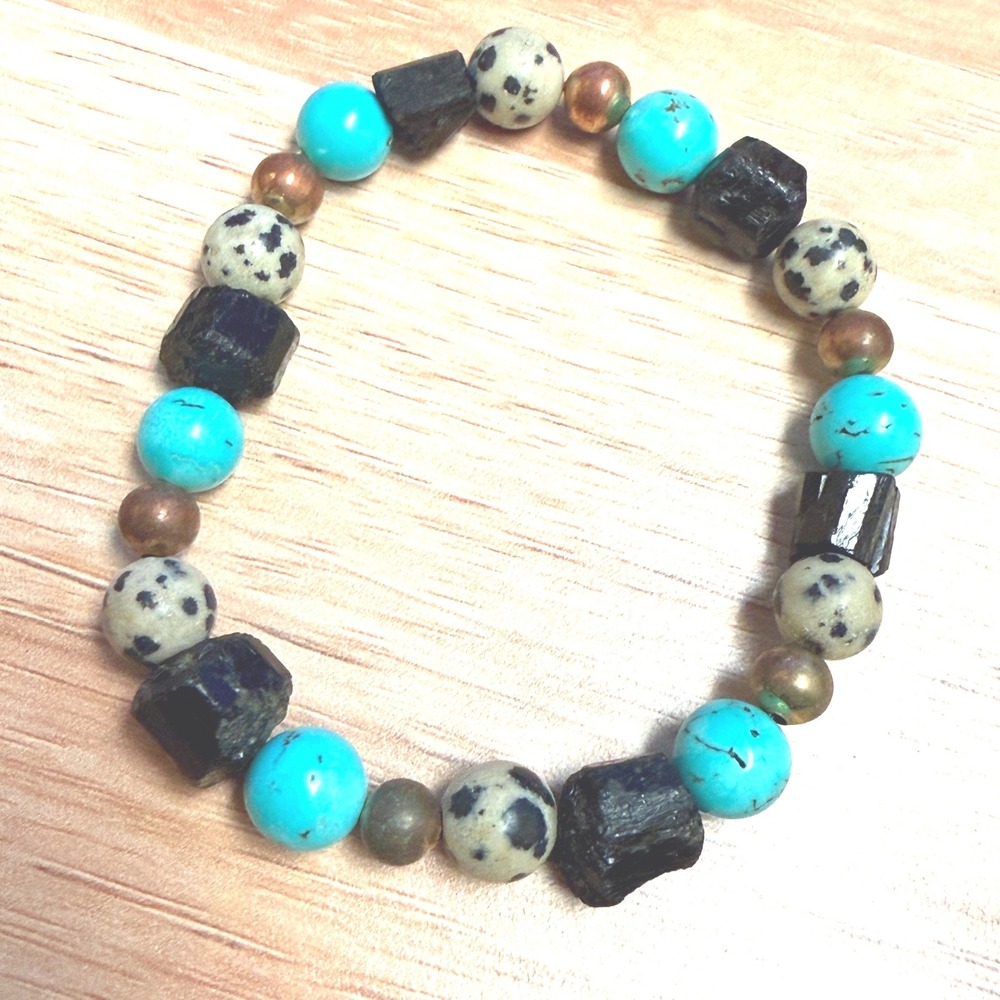 Black Tourmaline Dalmatian Jasper Turquoise Stone Bead Stretch Bracelet